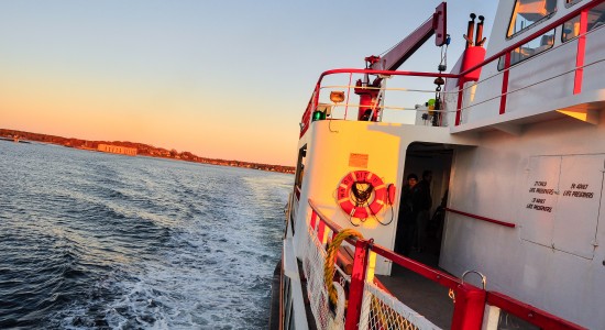 White boat with red accents sailing on ocean during the sunset